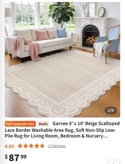 New 🤩  8' x 10' Beige Scalloped Lace Border Washable Area Rug