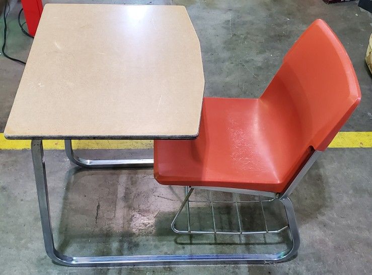 Vintage Child's School Desk Orange Plastic Chair, Wood Top, Chrome Frame 1980's