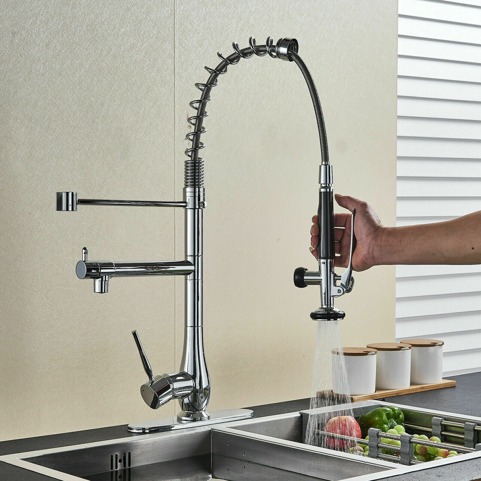 Kitchen Sink Faucet Chrome Brass Swivel Pull Down Spray