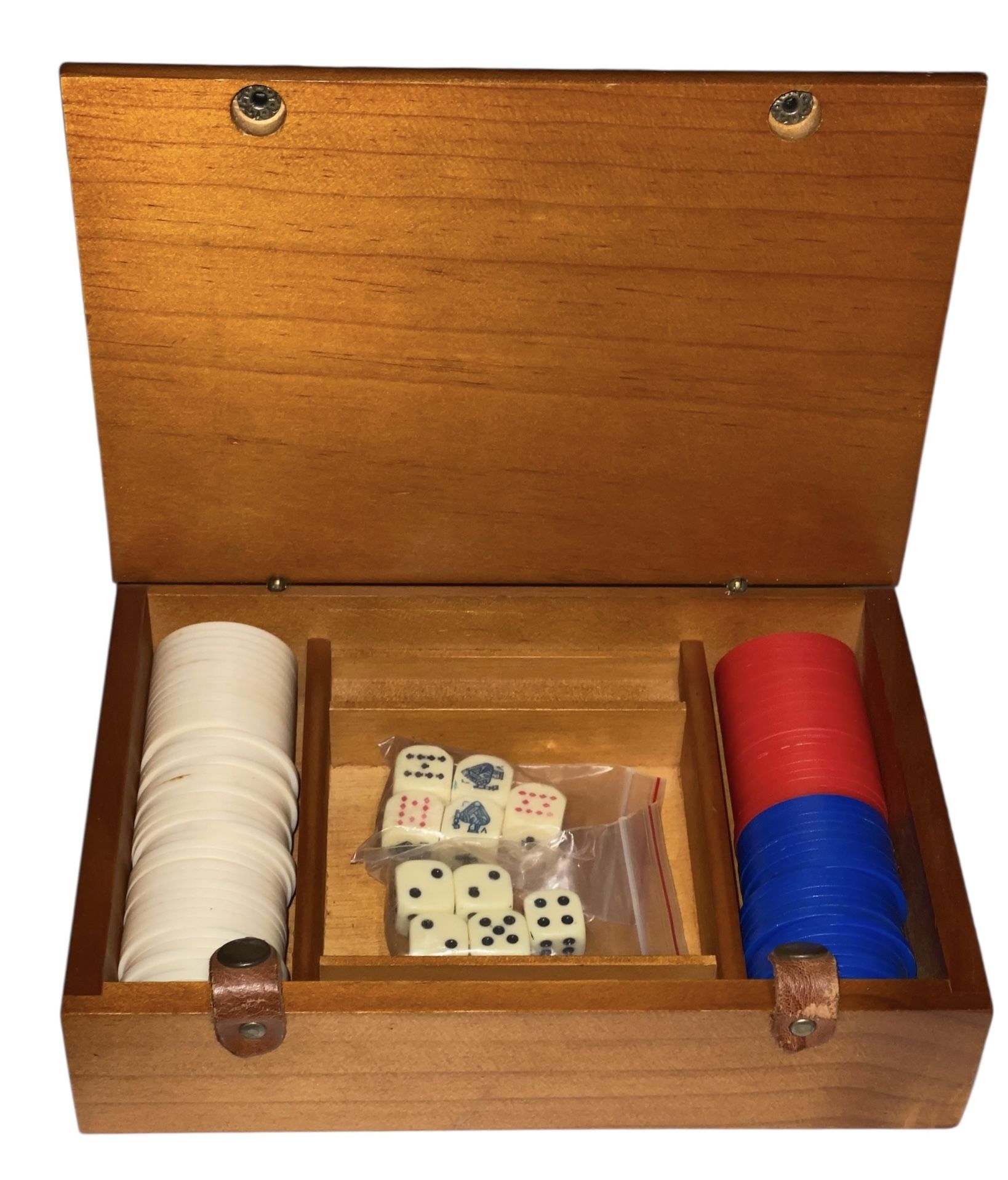 VINTAGE WOOD DICE & POKER CHIP BOX w/ Chips and Dice