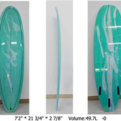 New Surfboard 7'2 x 21.75 x 2.8 49.7L Custom Marble Resin Tint Sea Foam