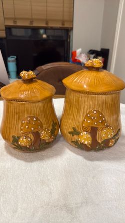 vintage Arnels Mushroom Ceramic Canister Set of Two (2) - 10” & 9”