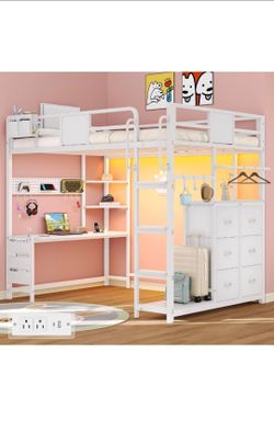 White Metal Loft Bed with Desk and Storage