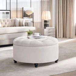 30 Inch Round Storage Ottoman, Modern Button Tufted Coffee Table with Removable Top, Upholstered Ottoman with Storage Footstool for Living Room,