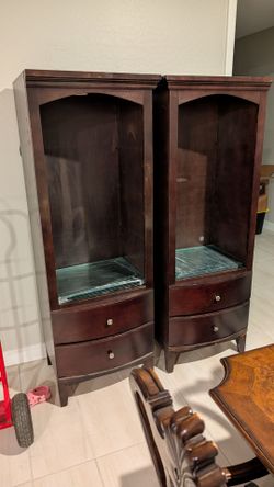 Pair of Dark Wood Display Cabinets and Entertainment Center