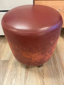 Round Burgundy Leather Ottoman Stool