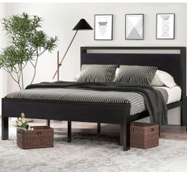 SHA CERLIN Full Size Bed Frame, Wooden Headboard and Footboard, Black Oak Sturdy Structure, 12 Metal Slats, Noise-Free Design, 12-Inch Storage, N