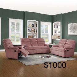 New  Blush Pink Velvet Recliner Couch, Loveseat And Chair! 