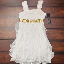 Little Girls Clothes New Special Occasion White Dress With Gold Sequin Waist Size 10 Great For The Holidays And Christmas  