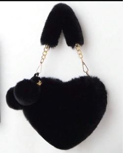 Black Heart Faux Fur Shoulder Bag with Pom Poms