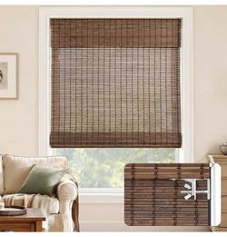 LazBlinds No-Drill Cordless Roman Shade - Light Filtering Natural Wood, Easy Install Bamboo Blind for Windows 20" W x 64" H, Malay Walnut @Q2-243