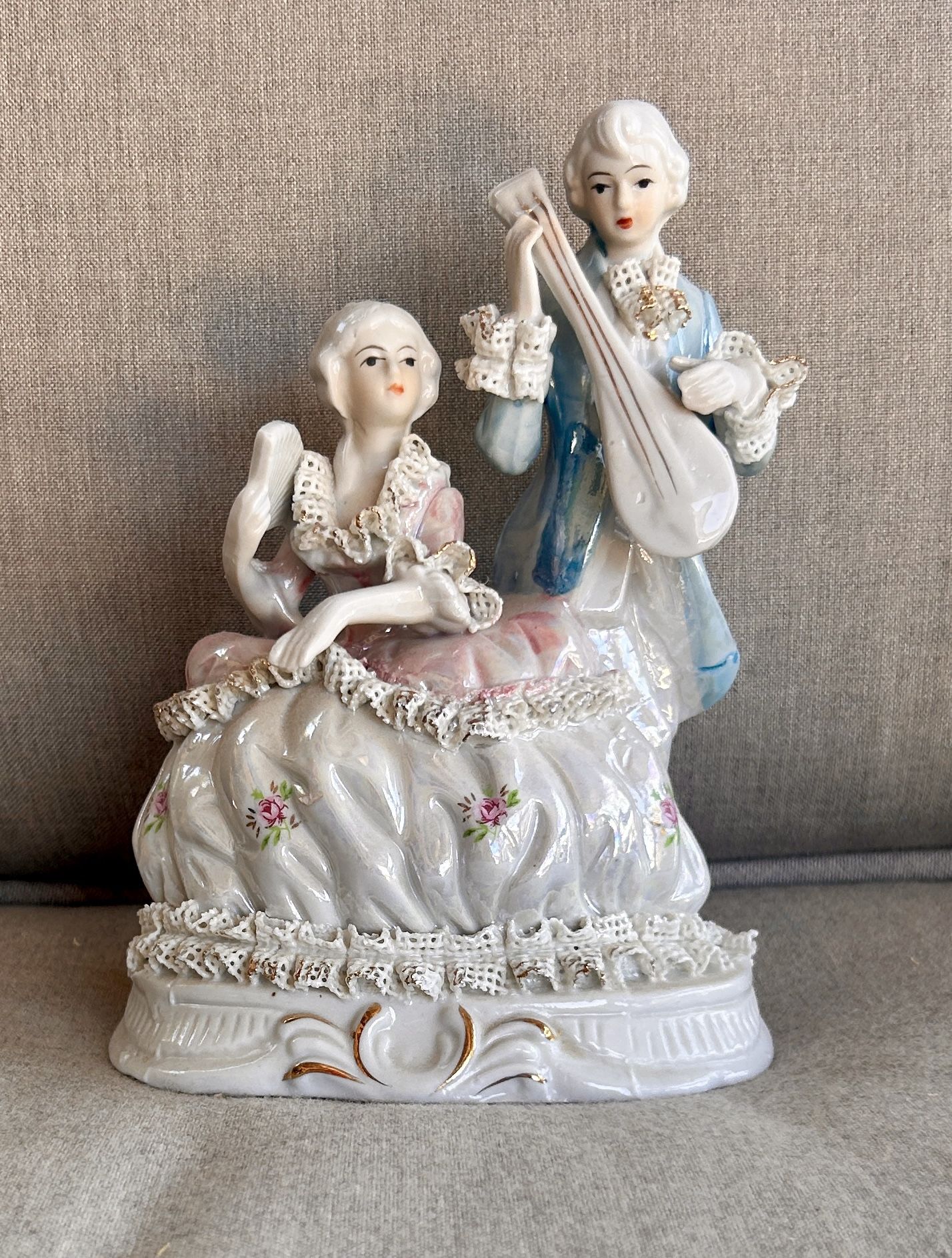 Pink And Blue Lustreware Courting Man And Woman Porcelain Romantic Figurine