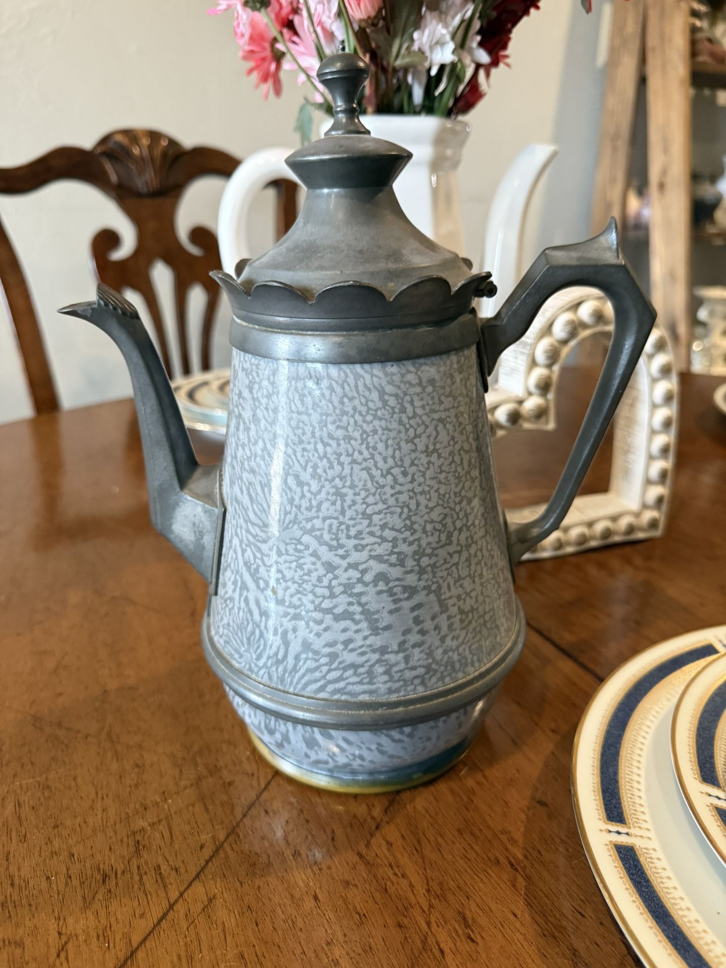 Antique Pewter-Trimmed Grey Graniteware Teapot - Enamel Ware Antique