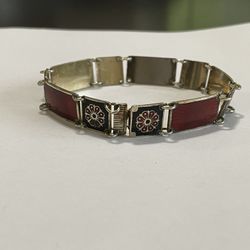 Red & Black Flower  David Andersen Norway Guilloche Sterling & Enamel Bracelet