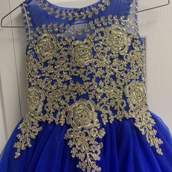 Like New Little girls  dress royal blue With Gold Size 10