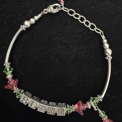 Sterling Silver Green & Pink Beaded Glass BLM Flower Bracelet