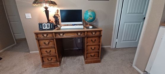 Vintage Wood Pedestal Desk with Leather Top