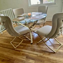 Modern Glass Dining Table with 4 Beige/Gold Upholstered Chairs – Like New!
