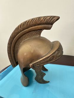 Vintage Solid Bronze Greco-Roman Warrior Helmet Sculpture – 50+ Years Old, Heavy Sand-Cast Replica