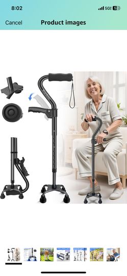 Quad Cane, 4 Prong Walking Cane for Men & Women, Heavy Duty| Adjustable Walking Canes for Seniors Balance, Self Standing Cane with Ergonomic Handle(33