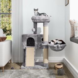36" Cat Tree for Small Cats, Multi-Level Cat Condo with Scratching Posts, Ramp and Top Perch, Soft Plush Cat Climbing Tower, Grey
