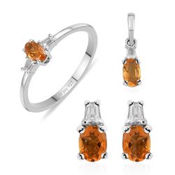 Jalisco Fire Opal and White Topaz Earrings, Ring (size 8) and Pendant in Platinum Over Sterling Silver 0.80 ctw (NO CHAIN)