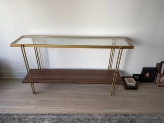 Gold Metal Console Table with Glass Top and Wood Shelf