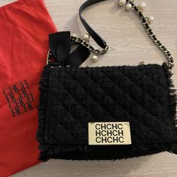 CH Carolina Herrera Black Tweed Pearl Shoulder Bag Purse 