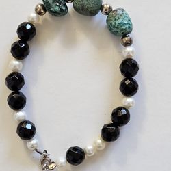 925 sterling silver, turquoise, freshwater pearl, bead bracelet, 7.5". NWT.