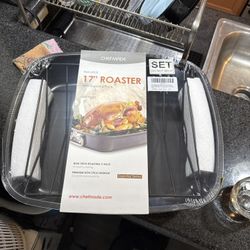 CHEFMADE Turkey Roasting Pan with V Rack, 17 Inch Deep Roasting Pan, Deep Las