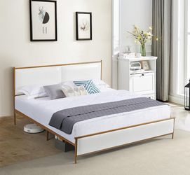•Dolonm Upholstered King Size Platform Bed Frame, with Headboard and Strong Wooden Slats Metal Bed Frames, No Box Spring Needed Sponge Soft Bag Platfo