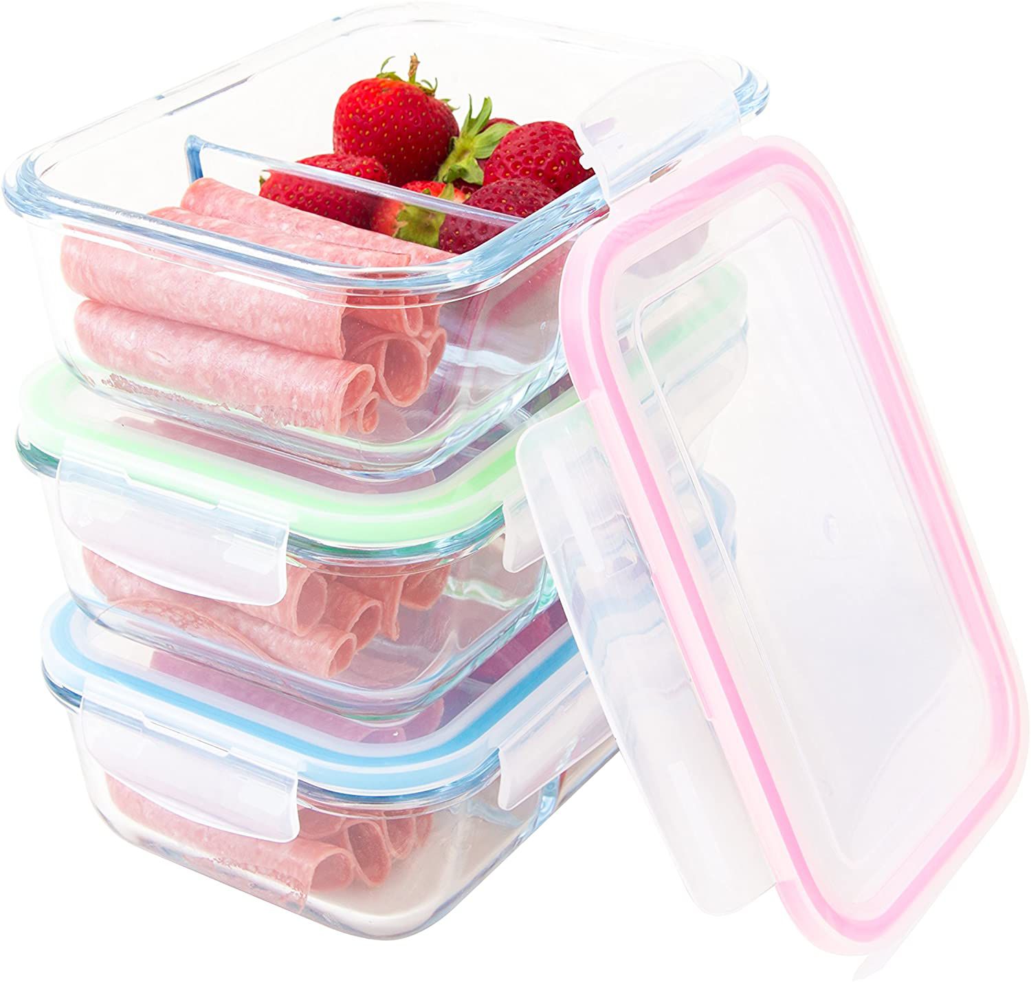 Glass Food Storage 2 Compartment Containers - Meal Prep Container Set with BPA-Free Airtight Locking Lids - Oven Microwave Freezer Safe - Portion Cont