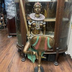 Incredible Tall Bronze African Tribe Lady Warrior Statues w/Heart Shield & Fountain 