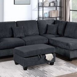 Black Corduroy Sectional Sofa With Ottoman