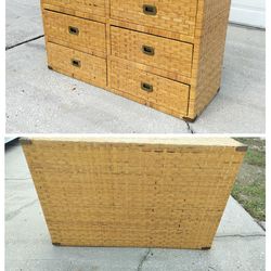 Vintage Wicker Weave Coastal 6 Drawer Dresser Sideboard, See Full Description