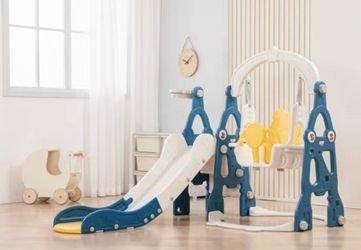 Kinsuite Kids Slide and Swing Set- 2- in- Indoor Outdoor Playset for Toddlers 1-5Years, Basketball Hoop & Non-slip Design, Blue