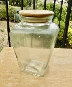 Vintage Tapered Clear Glass Storage Container With Wood Lid