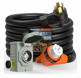 Rophor 50 Amp Generator Cord and Pre-Drilled Power Inlet Box, 15FT Heavy Duty NEMA 14-50P to SS2-50R