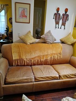 Tan Leather Pull Out Couch: $200 OBO - Pickup by 9/9