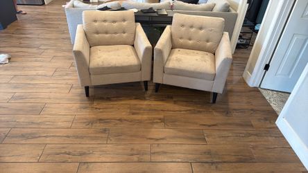 Set of 2 Modern Tufted Accent Chairs – Beige Linen – Excellent Condition
