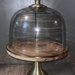 Wood and glass cloche cake stand with brass pedestal