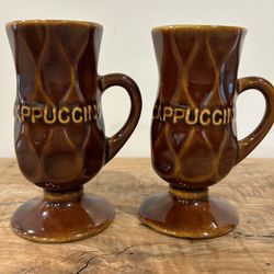 Vintage 1960-70s Cappuccino Footed Brown Glaze Stoneware Mugs, Set of 2
