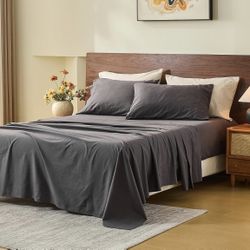 MEISHANG 100%FrenchPure Linen Sheets Queen Size 6 PC Extra Deep Pocket Sheet Set