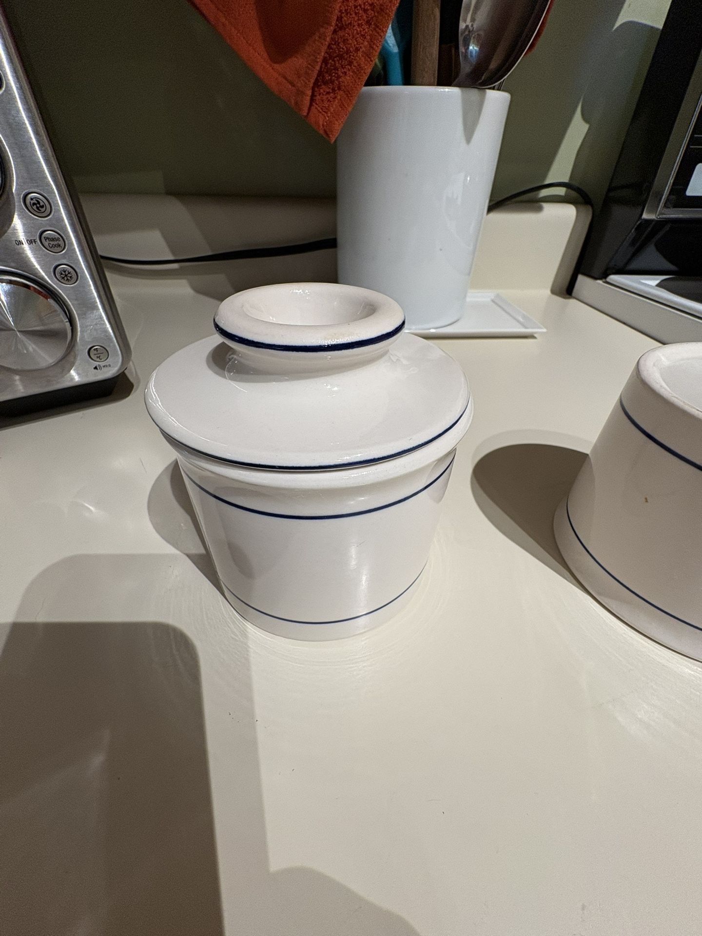 One…..Norpro~Butter Keeper~Stoneware~Cream~w/Blue Stripe