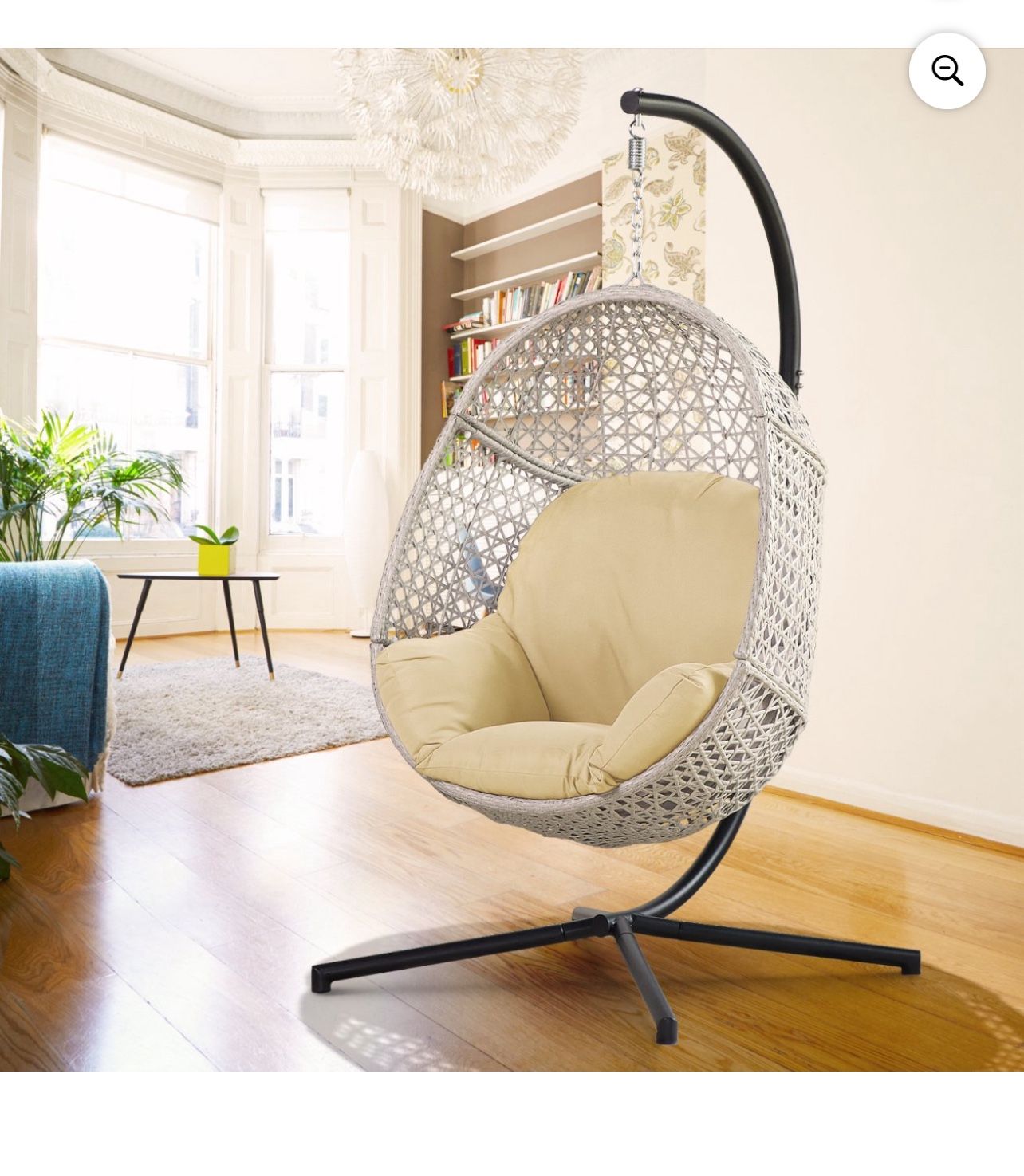 Patio Garden Wicker Porch Swing Hanging Chair for Indoor and Outdoor with C-Stand and Beige Cushion