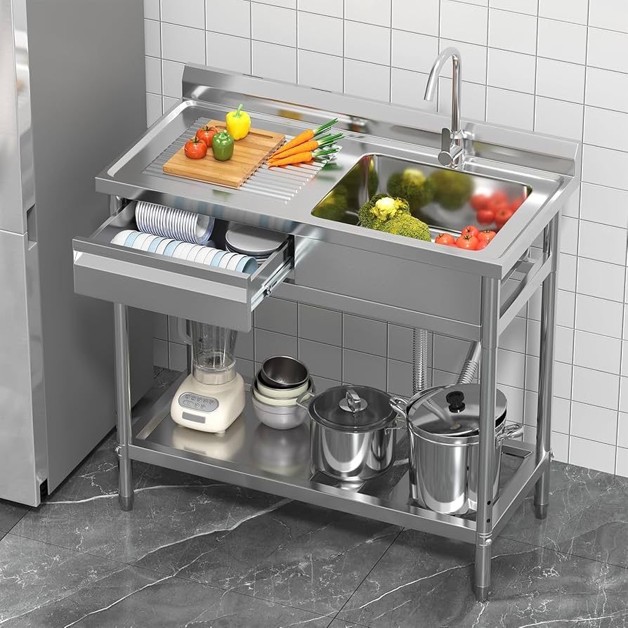 39" Stainless Steel Utility Sink with Left Drawer and Drainboard, Freestanding Laundry Sink with Hot & Cold Faucet, 304 matte finish, Single Bowl 17"x