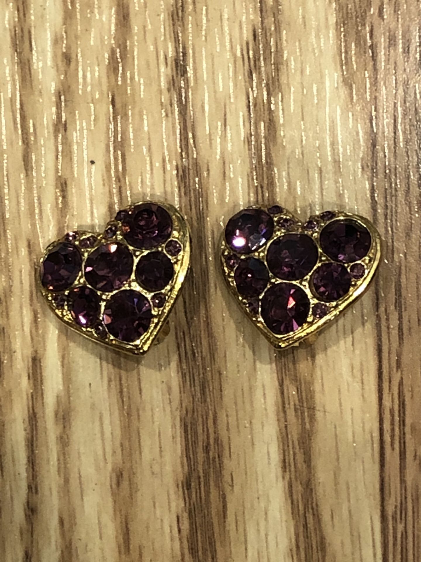 Vintage Gold Purple Rhinestone Heart Earrings