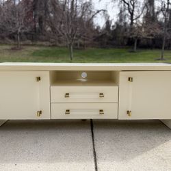 Anthropologie Merriton Media Console (57”) – Modern Ivory w/ Brass & Acrylic Hardware