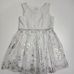 Toddler Girls White & Silver Foil Flowers & Butterflies Tulle Dress Size 4t