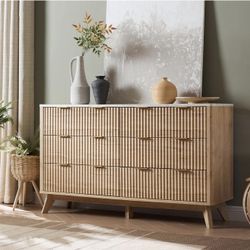 Fluted 6 Drawers Dresser, 54" Wide Modern Chest of Drawers with Faux Marble Top, Curved Profile Design, Dresser TV Stand, Wood Drawer Organizer for Be